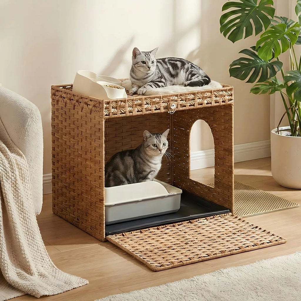 Boho Handwoven Rattan Hidden Litter Box Furniture， with Extra Litter Mat and Removable Washable Tray