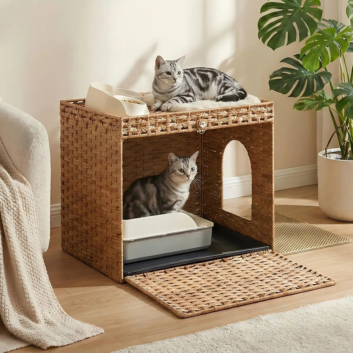 Boho Handwoven Rattan Hidden Litter Box Furniture， with Extra Litter Mat and Removable Washable Tray