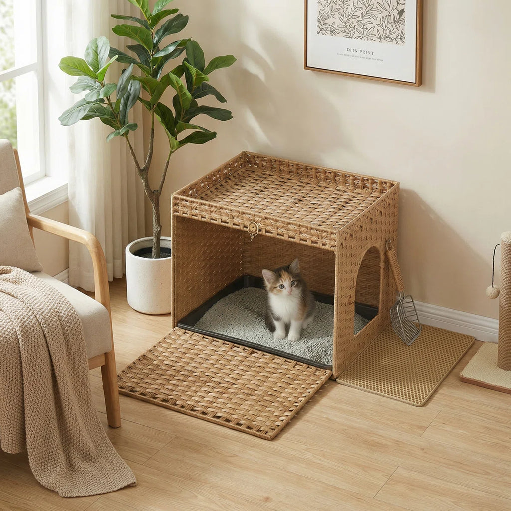 Boho Handwoven Rattan Hidden Litter Box Furniture， with Extra Litter Mat and Removable Washable Tray