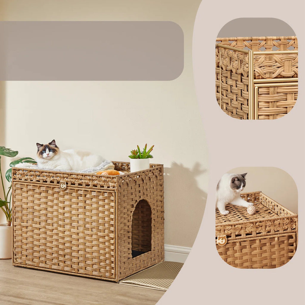 Boho Handwoven Rattan Hidden Litter Box Furniture， with Extra Litter Mat and Removable Washable Tray