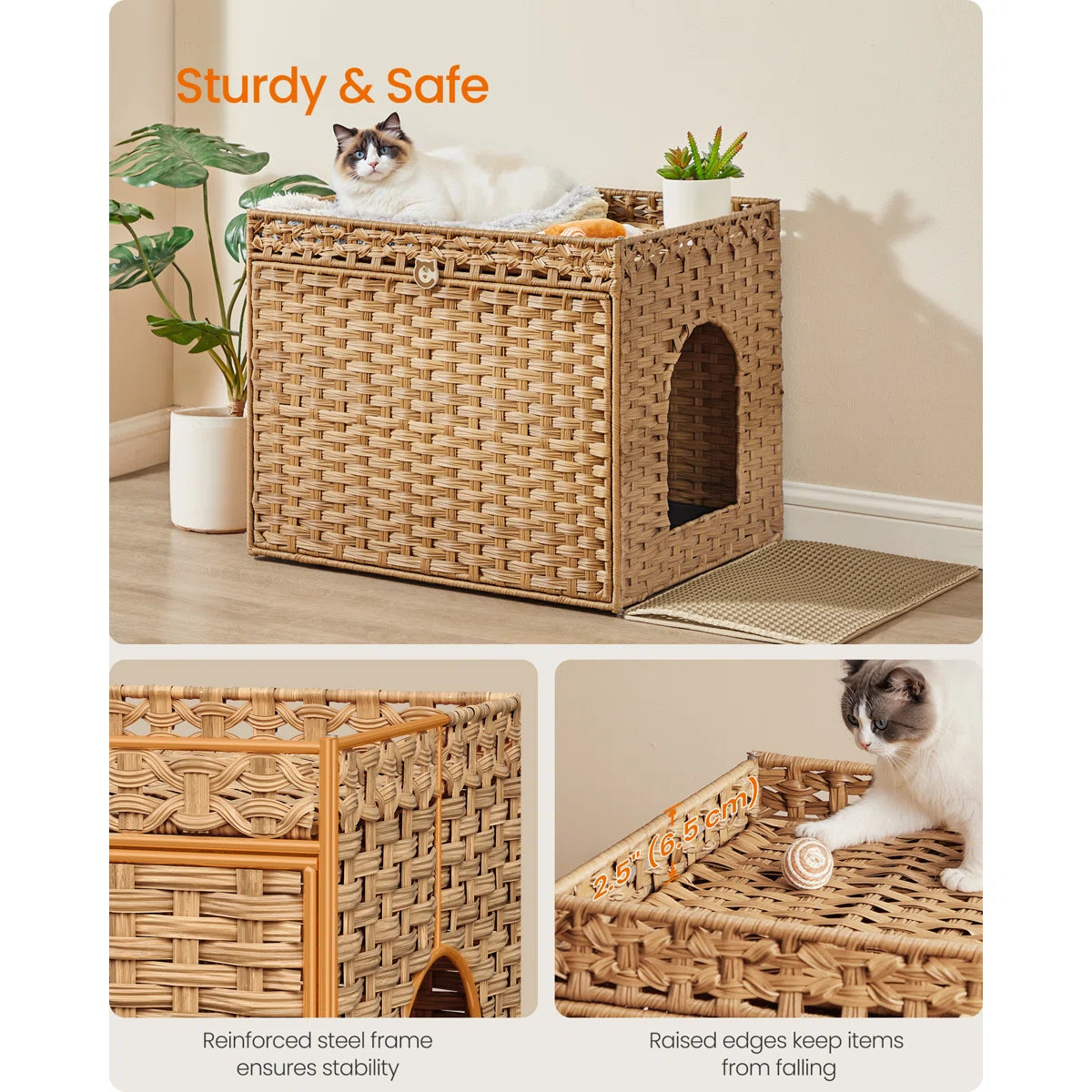 Boho Handwoven Rattan Hidden Litter Box Furniture， with Extra Litter Mat and Removable Washable Tray